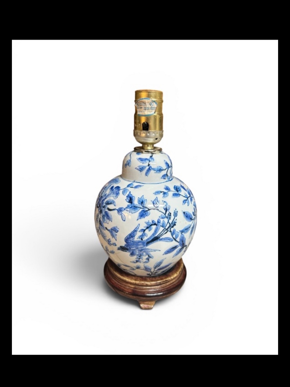 GingerJar Lamp chinoiserie blue white birds floral wood pedestal base 10”